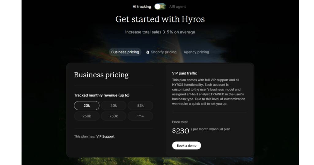Hyros ad tracking pricing page