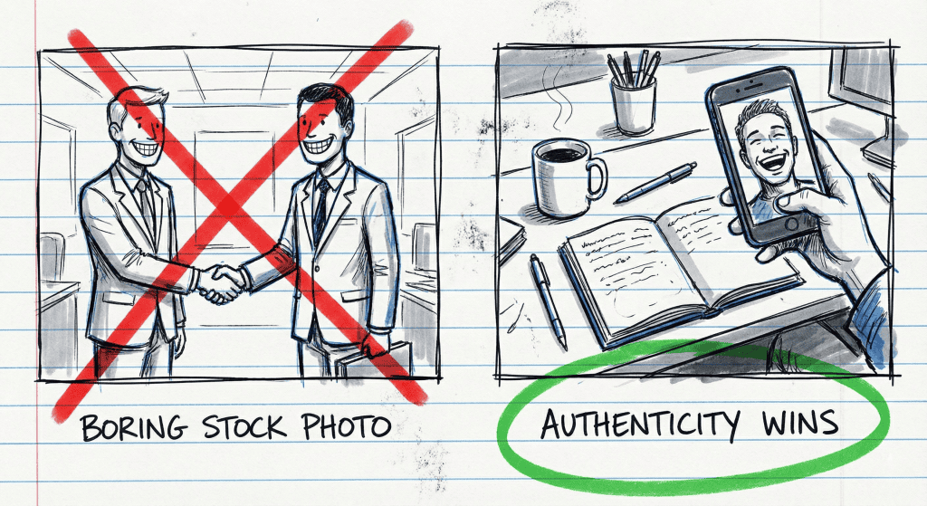 A hand-drawn sketch contrasting a boring stock photo with an authentic, real-life image for high-converting Facebook ad creatives.