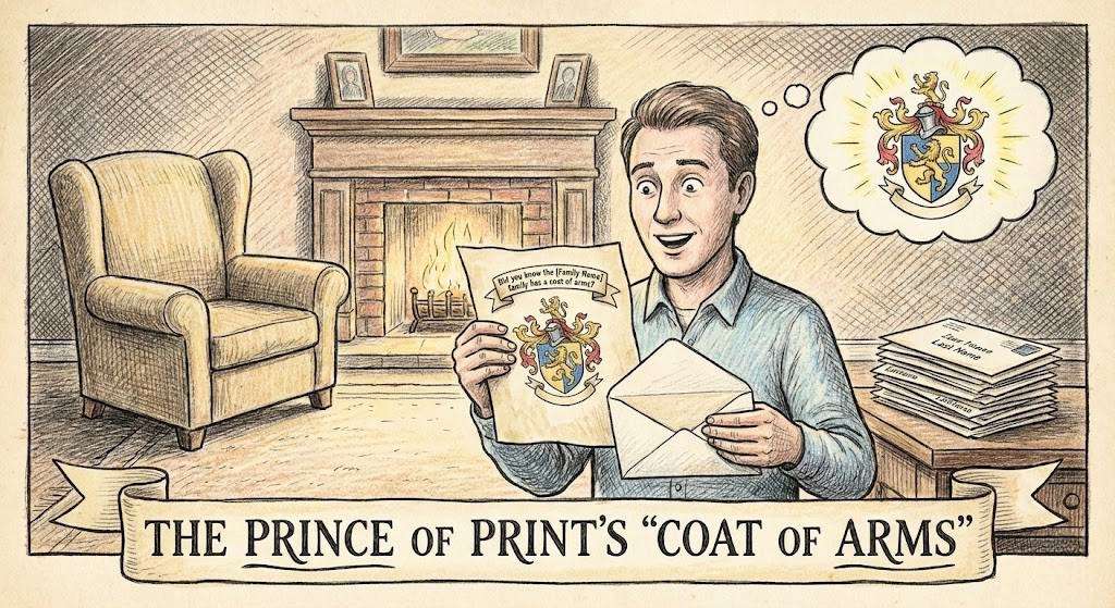 Pencil crayon drawing of a family Coat of Arms shield representing the Gary Halbert direct mail campaign.