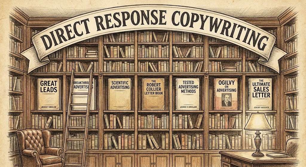 Grand vintage library shelves filled with classic marketing books like Scientific Advertising and Great Leads, under a banner reading Direct Response Copywriting.