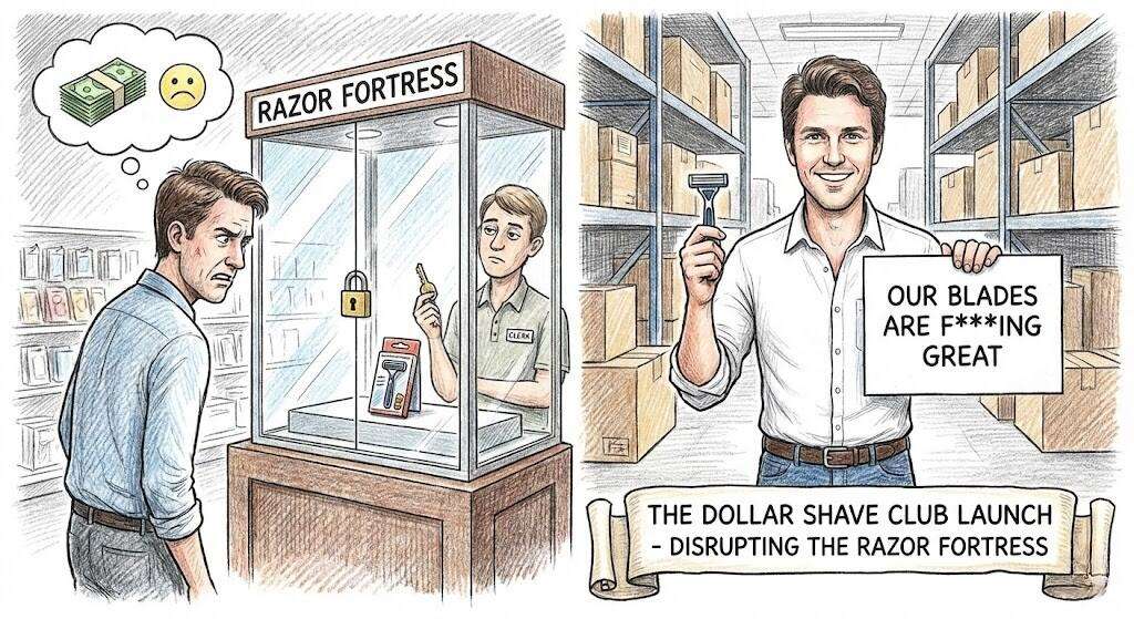 Pencil crayon illustration of the Dollar Shave Club founder standing in a warehouse for the viral launch video.
