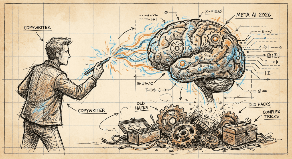 A hand-drawn sketch illustrating the 2026 Facebook Ads landscape, featuring a copywriter directing a large Meta AI brain while old marketing tricks are discarded in the background.