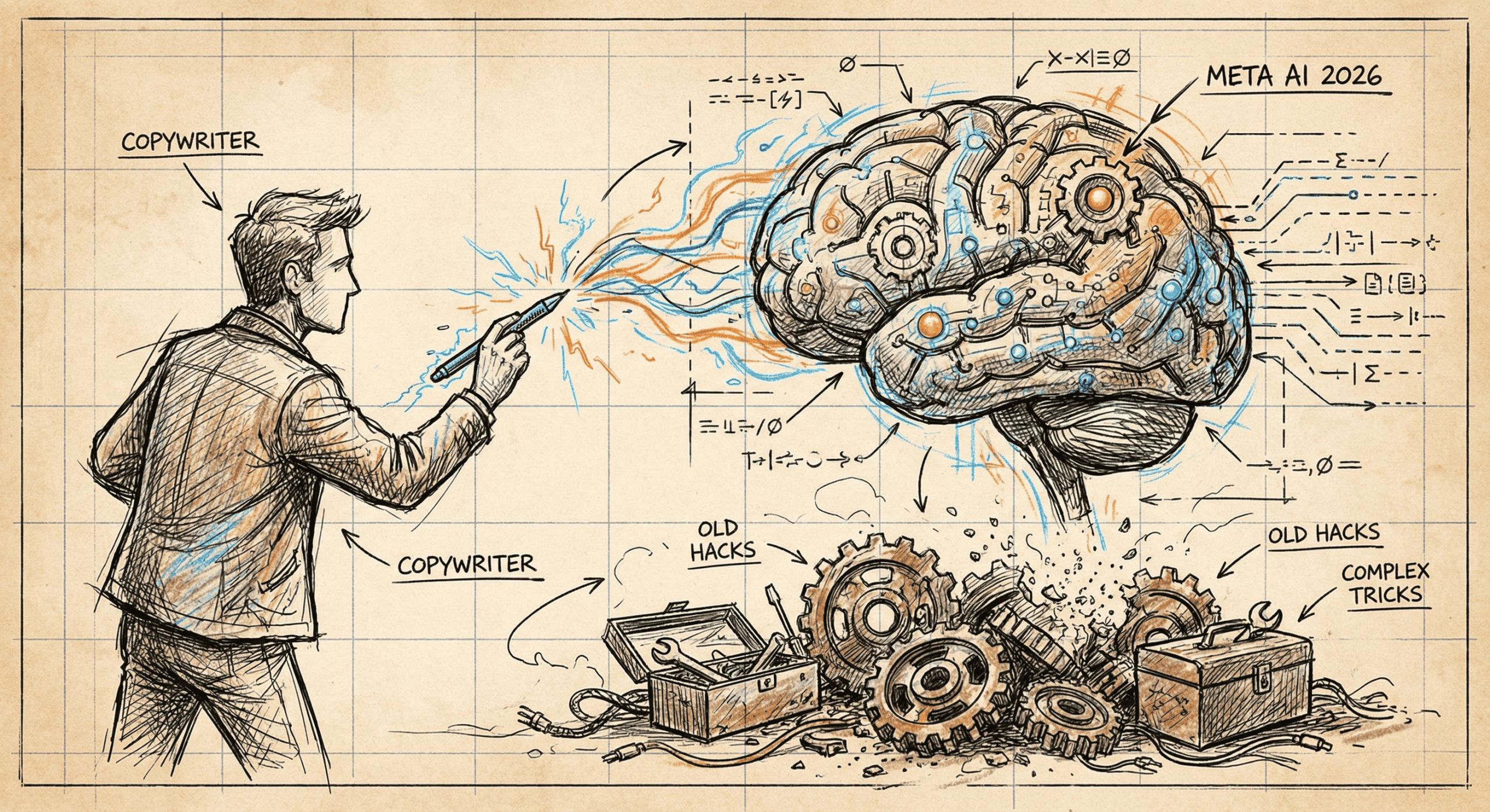 A hand-drawn sketch illustrating the 2026 Facebook Ads landscape, featuring a copywriter directing a large Meta AI brain while old marketing tricks are discarded in the background.