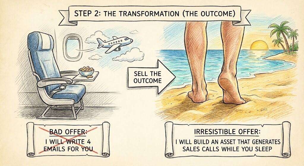 Pencil crayon illustration visualizing the dream outcome and transformation of a coaching or consulting offer.