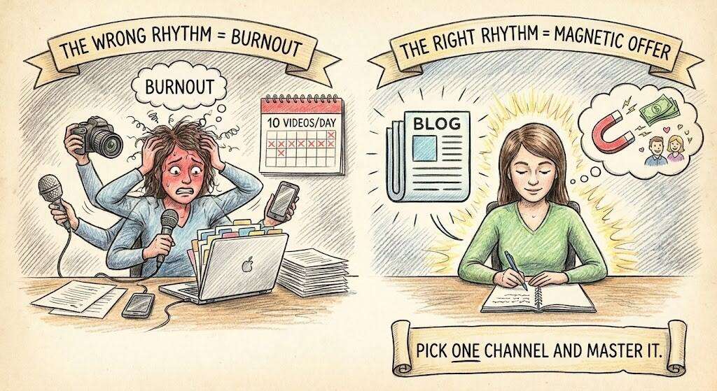 Pencil crayon drawing depicting sales energy and a sustainable sales rhythm to avoid burnout.