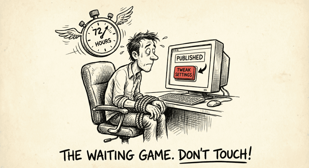 A humorous sketch illustrating the 72-hour rule after launching Facebook ads, showing a person with tied hands waiting patiently for the algorithm to learn.