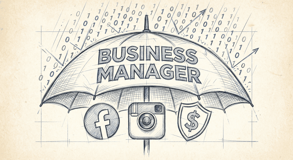 A hand-drawn sketch metaphor showing a Facebook Business Manager umbrella protecting a Facebook Page, Instagram Account, and Ad Account from digital rain.