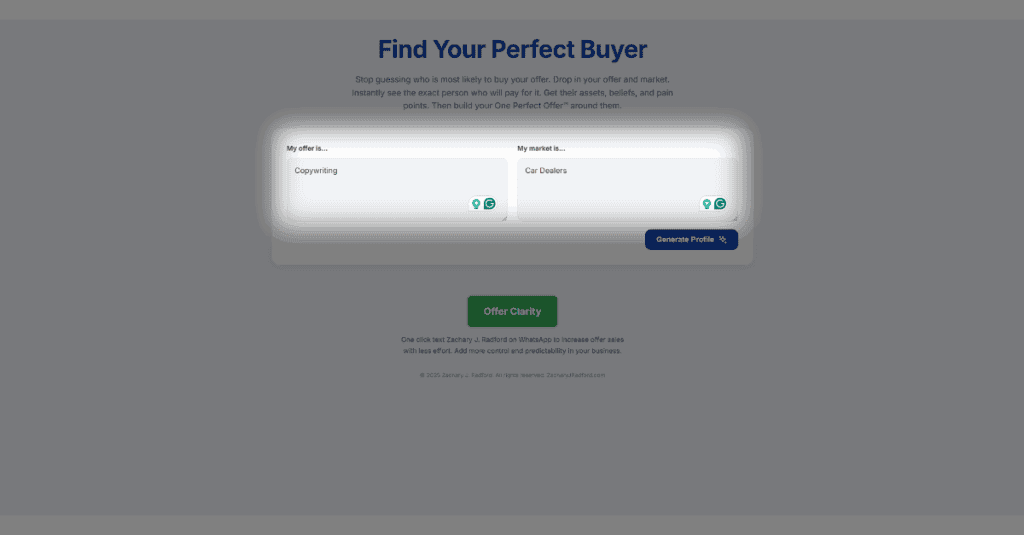 Screenshot of the Perfect Buyer Tool input fields showing 'My Offer' as Copywriting and 'My Market' as Car Dealers.