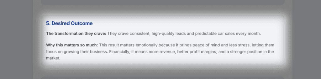 Screenshot of Section 5: Desired Identity / Outcome
