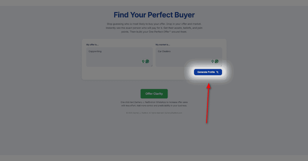 Close up of the blue Generate Profile button on the Perfect Buyer Tool.
