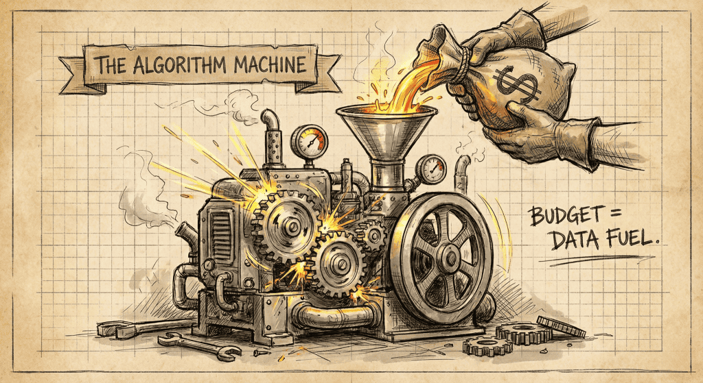 A sketch illustrating ad budget as fuel being poured into the Facebook algorithm engine to generate data and results.