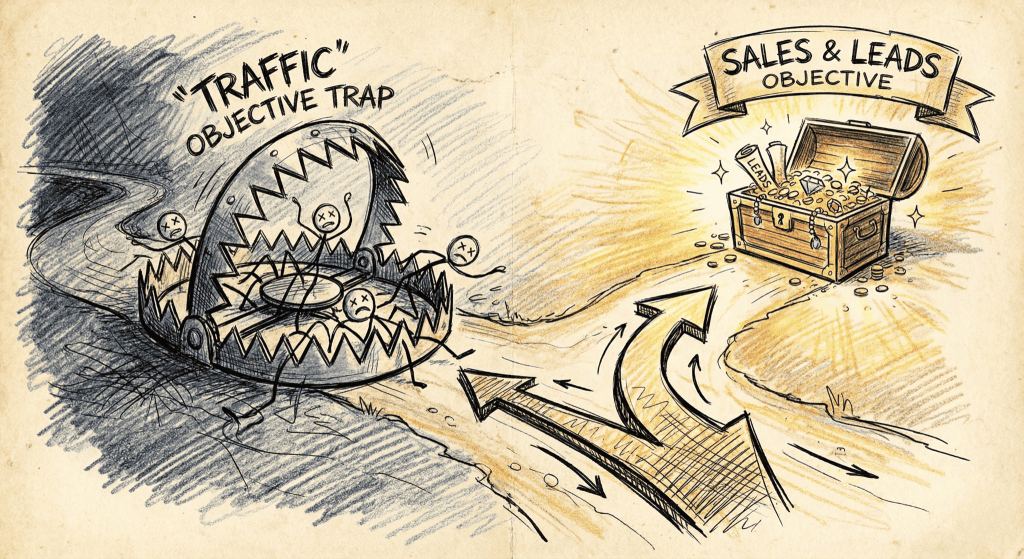 A sketched illustration depicting a fork in the road for Facebook ad objectives, warning against the "Traffic" trap and pointing towards the profitable "Sales & Leads" path.