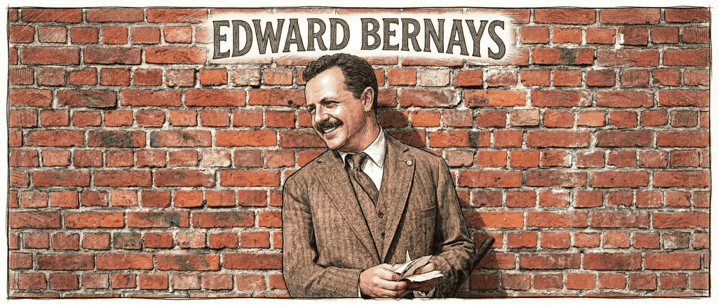 Hand-drawn pencil crayon illustration of Edward Bernays standing in front of a brick wall with the text The Craftsman.