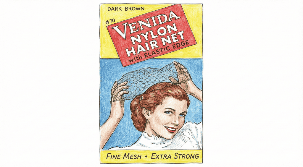 Hand-drawn pencil crayon recreation of a vintage Venida Nylon Hair Net ad featuring a woman adjusting a hair net.