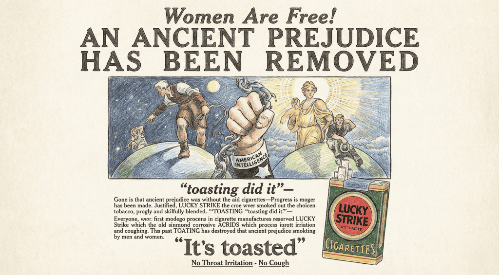 Hand-drawn pencil crayon recreation of a vintage Lucky Strike cigarette ad featuring the headline Women Are Free and It's Toasted.
