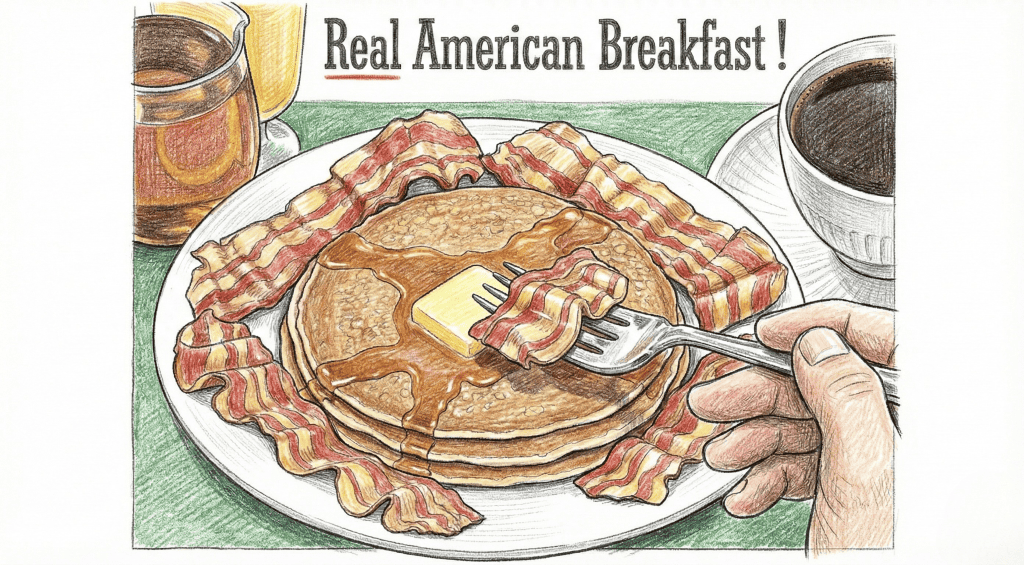 Hand-drawn pencil crayon recreation of a vintage Real American Breakfast ad featuring a plate of pancakes and bacon with syrup.
