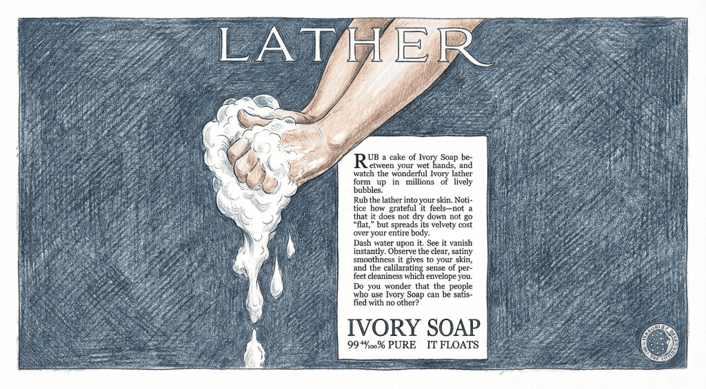 Hand-drawn pencil crayon recreation of a vintage Ivory Soap ad showing hands lathering soap bubbles with the text 99 44/100% Pure.