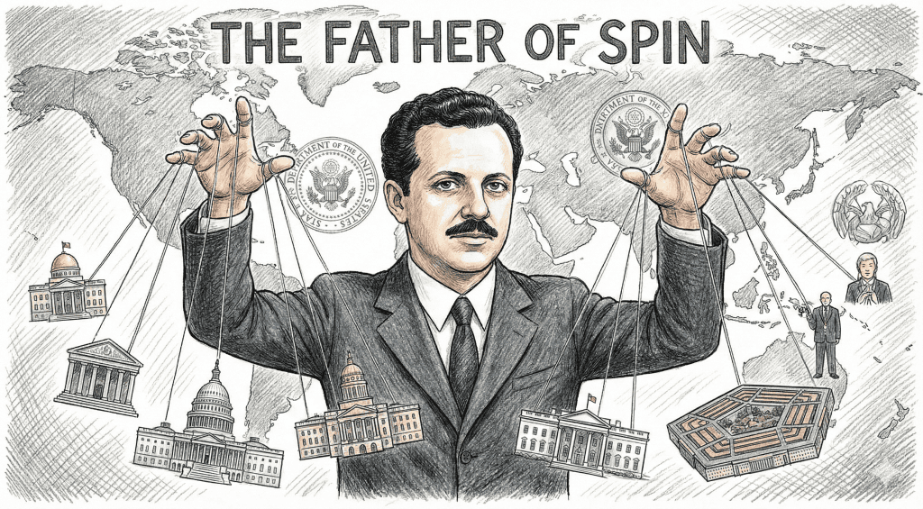 Hand-drawn pencil crayon illustration of Edward Bernays depicted as a giant puppeteer controlling different areas of government.
