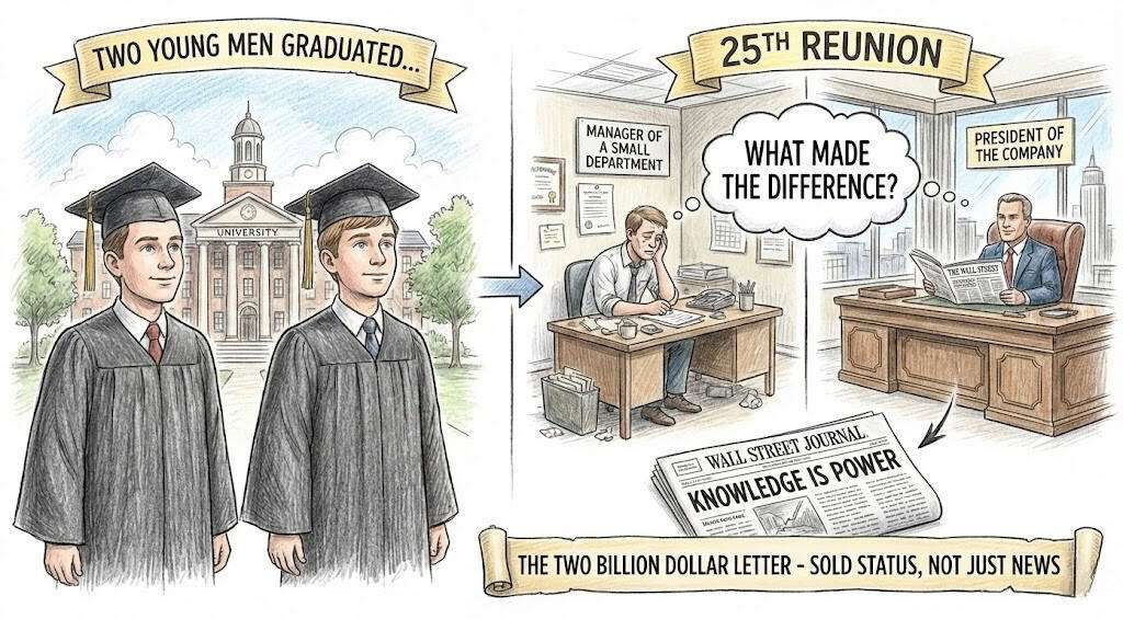 Pencil crayon illustration of two men in suits representing the famous Wall Street Journal Two Young Men sales letter.
