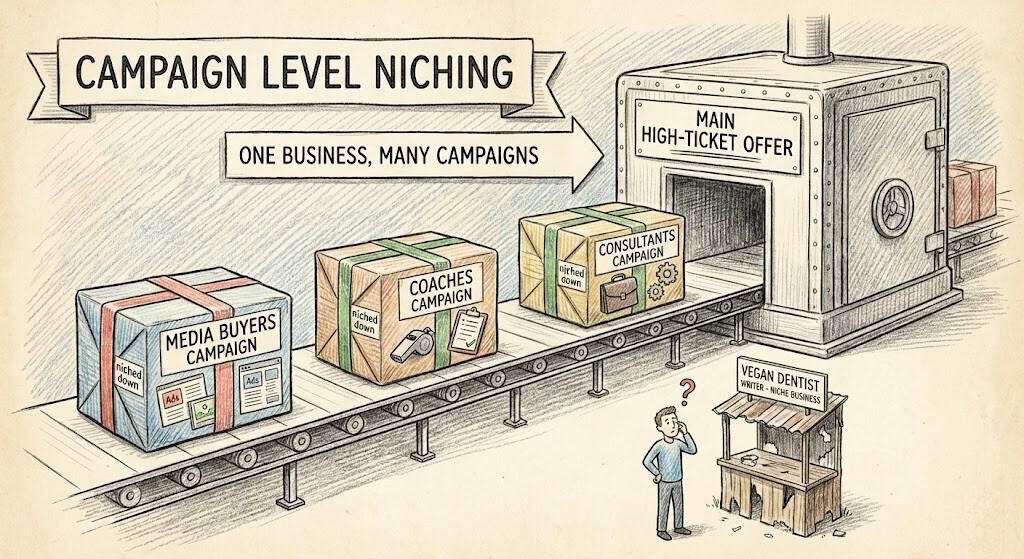 Pencil crayon drawing representing a specific target audience and campaign level niching for a high-ticket offer.