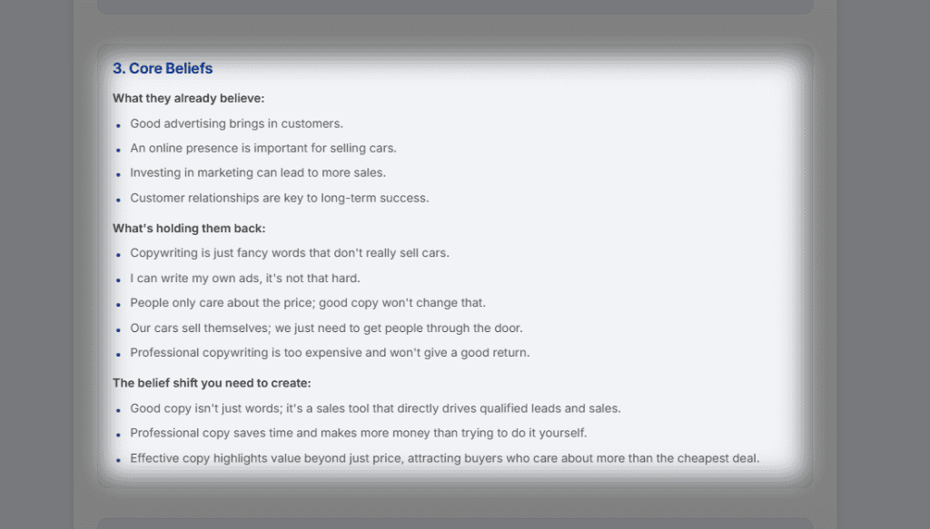Screenshot of Section 3: Core Beliefs