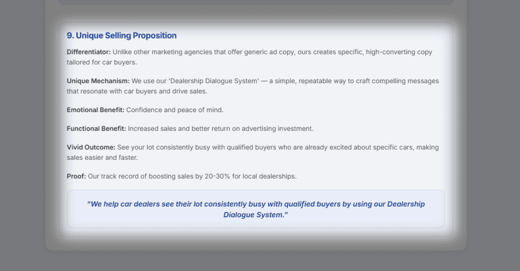 Screenshot of Section 9: Unique Selling Proposition