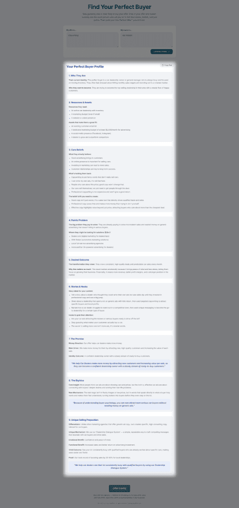 Full length screenshot of the Perfect Buyer Profile results page showing 9 detailed sections.