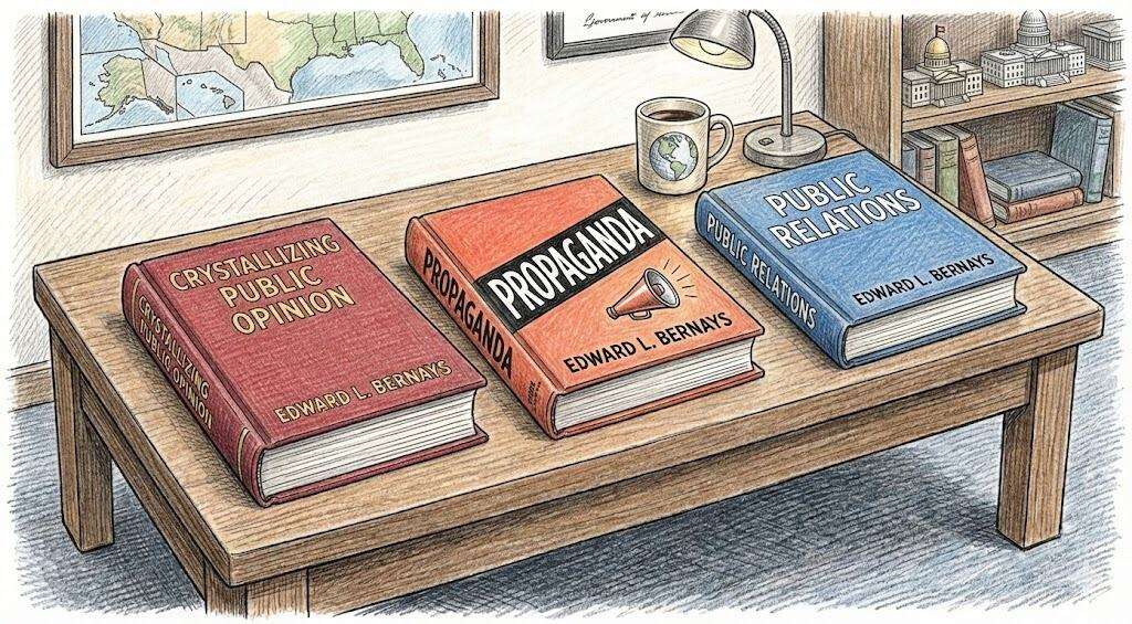 Hand-drawn pencil crayon illustration of three Edward Bernays books stacked on a wooden coffee table in an office setting.