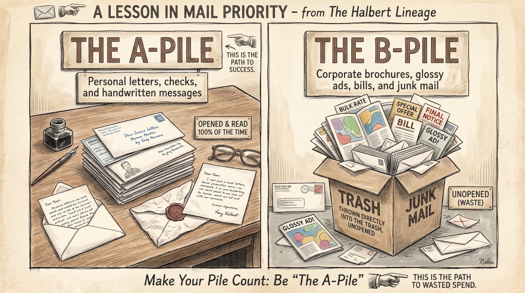 A side-by-side marketing infographic comparing mail sorting habits. The left desk panel represents "The A-Pile" with handwritten letters, envelopes, and an inkwell labeled "Opened & read 100% of the time." The right panel represents "The B-Pile" showing a cardboard trash box overflowing with corporate brochures, bills, and junk mail labeled "Thrown directly into the trash, unopened."