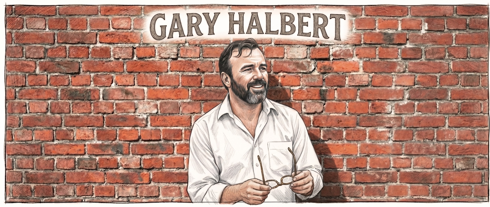 A pencil crayon drawing of Gary Halbert standing in front of a brick wall.