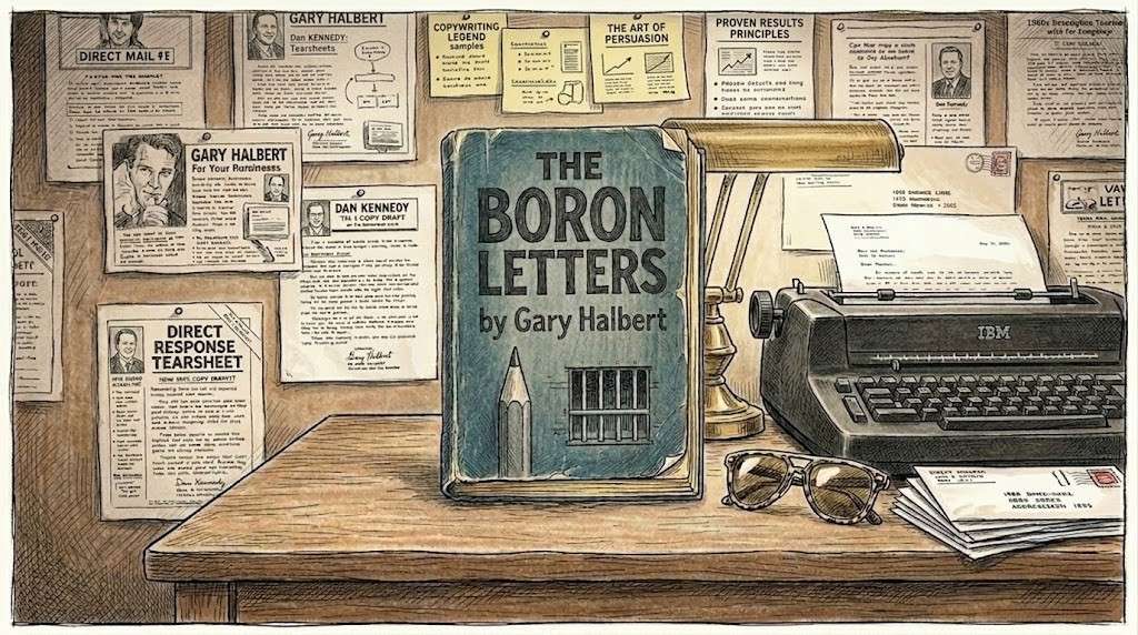 A nostalgic, detailed desktop scene featuring a worn blue book titled "The Boron Letters by Gary Halbert" resting next to a vintage IBM typewriter, a pair of sunglasses, a stack of mail, and a corkboard pinned with direct mail tear sheets and copywriting templates.