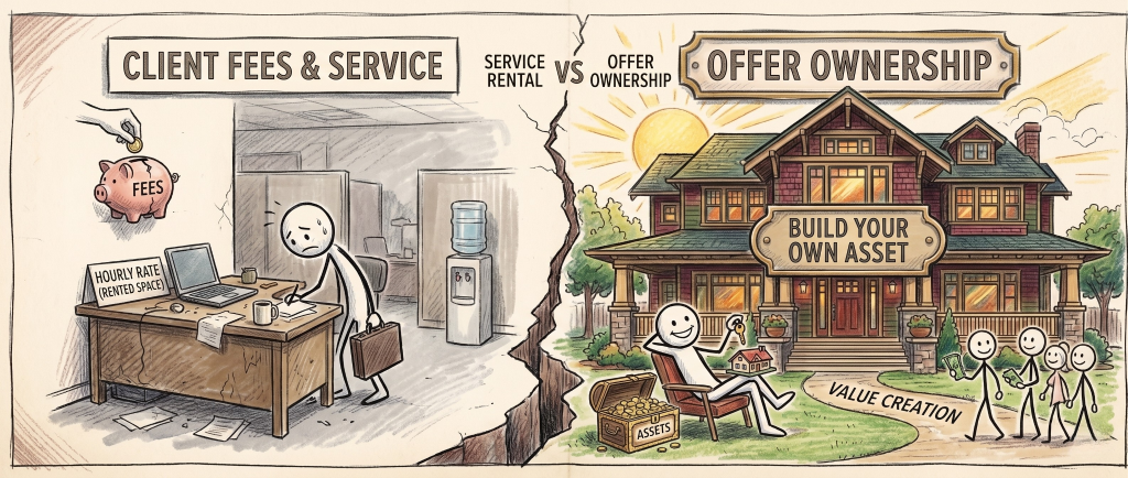 Color crayon design comparing working for client fees against building own offer assets.