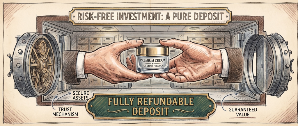 Color crayon conceptual illustration showing a premium product framed as a risk-free deposit.