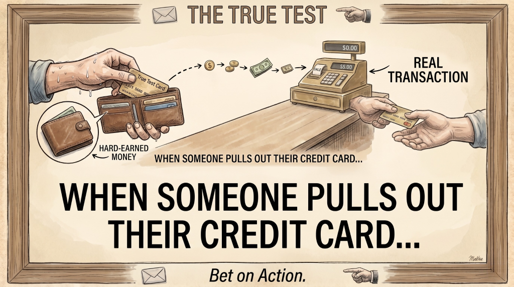 An illustrated diagram demonstrating the ultimate validation of a marketing idea. A hand pulls a credit card out of a leather wallet labeled "hard-earned money," while a separate hand inserts a card into a vintage cash register labeled "real transaction." Bold text at the bottom reads, "When someone pulls out their credit card... Bet on Action."