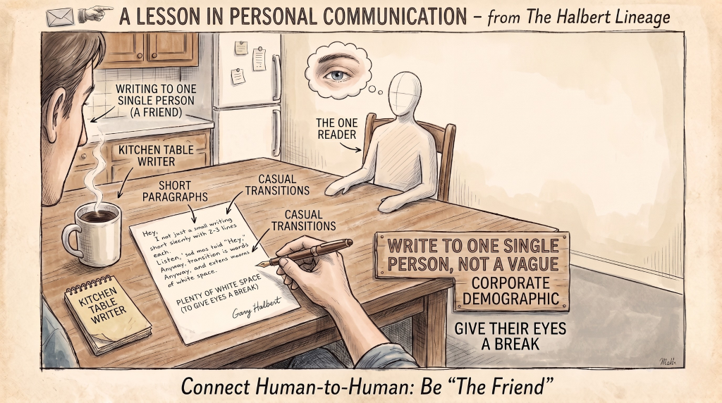 An illustration mapping out a personal copywriting framework. It shows a writer at a kitchen table drafting a letter with short paragraphs, casual transitions, and plenty of white space while looking at a transparent silhouette representing "The One Reader." A wooden sign on the table reads, "Write to one single person, not a vague corporate demographic."