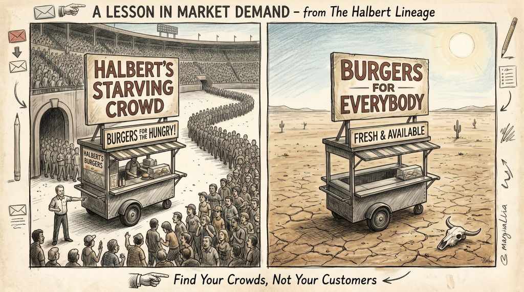 A two-panel illustration demonstrating market demand. The left panel shows Gary Halbert pointing to a massive line of hungry customers waiting at a food cart labeled "Halbert's Starving Crowd: Burgers for the Hungry." The right panel shows an empty food cart labeled "Burgers for Everybody" sitting abandoned in a desolate desert next to a cattle skull.